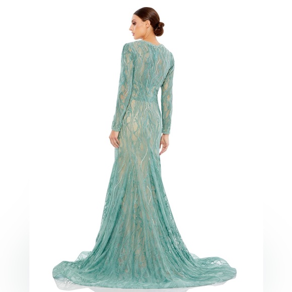 BEADED ILLUSION LONG SLEEVE PLUNGE NECK GOWN - Picture 2 of 6